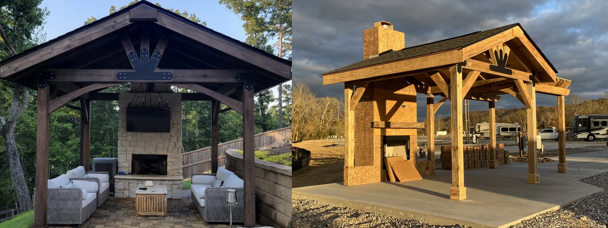 Two photos placed side by side showcasing an unfinished wooden patio shelter frame on the right and a finished, furnished outdoor lounge pavilion on the left.