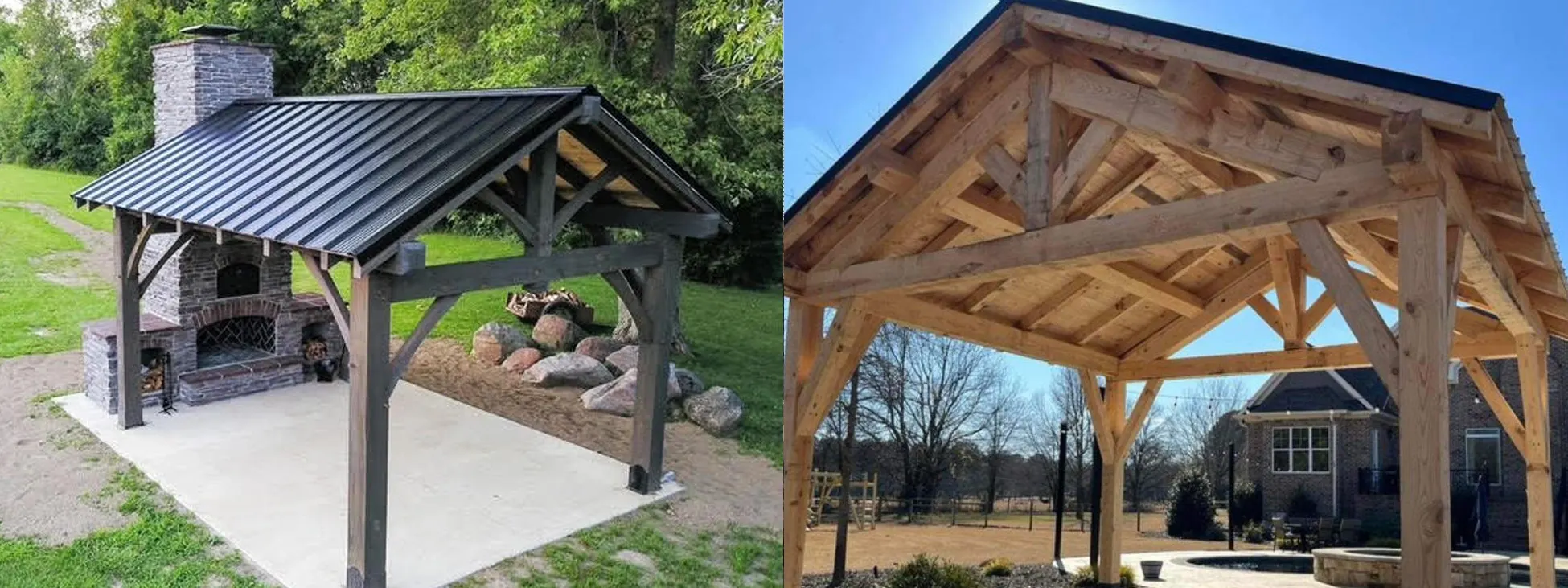 Left side displays a heavy post-and-beam pavilion protected by a sleek black standing-seam metal roof, while the right side shows an intricate exposed cedar wood truss layout under a standard shingled roof line.
