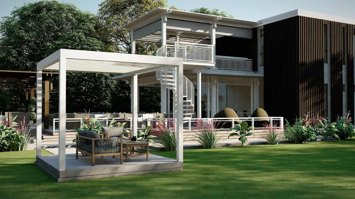 Freestanding Modern White Pergola on Luxury Green Lawn