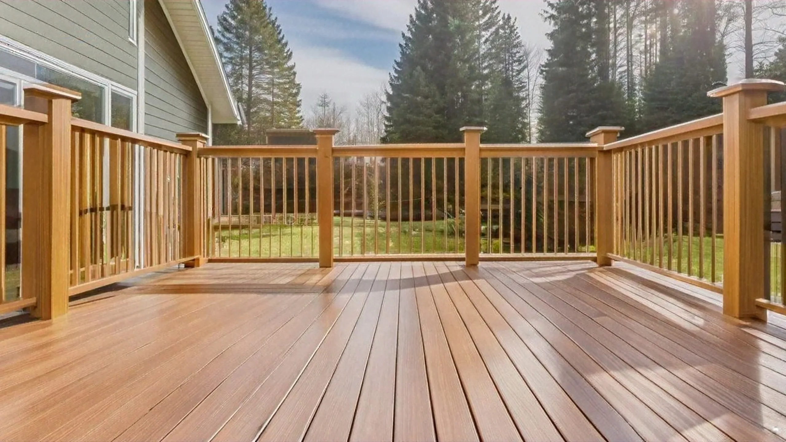 A freshly stained, light brown wooden sun deck attached to a gray house with a view of a wooded backyard.