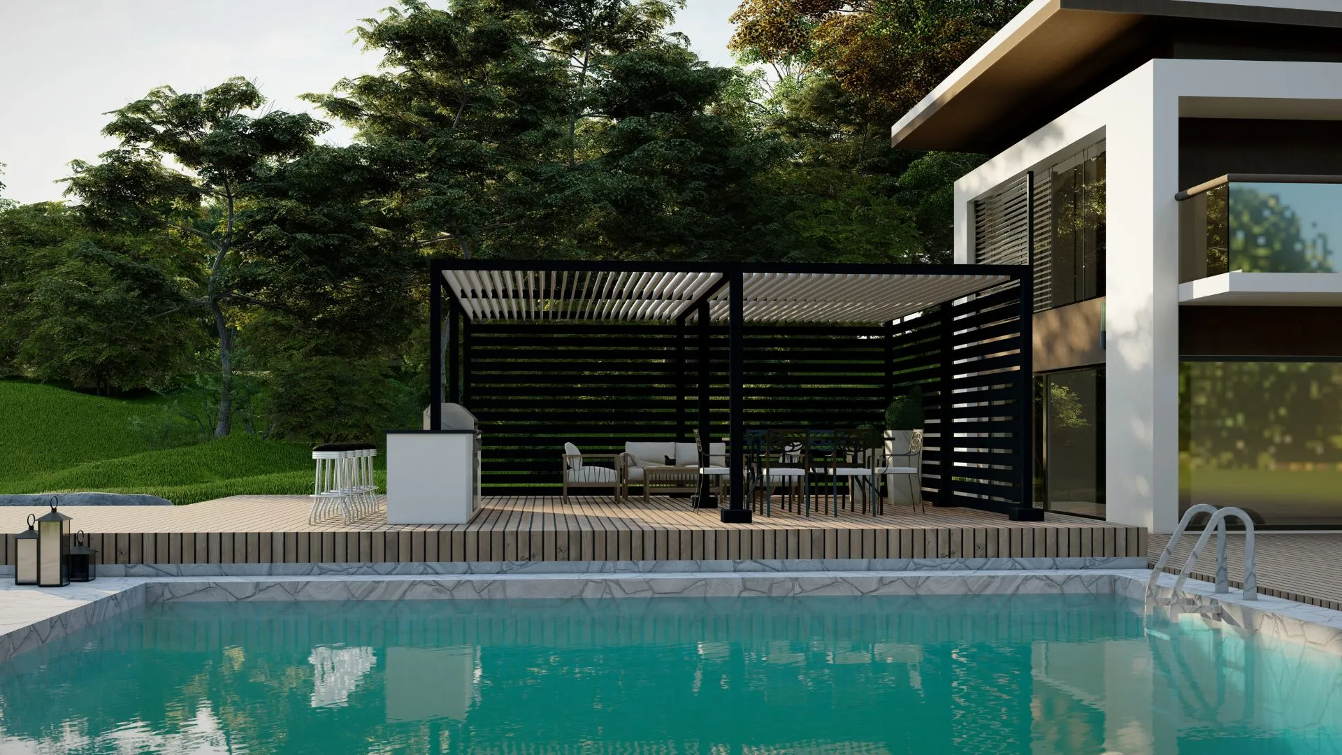 Luxury residential backyard pool deck design featuring an attached bioclimatic louvered roof pergola system for premium outdoor entertainment.